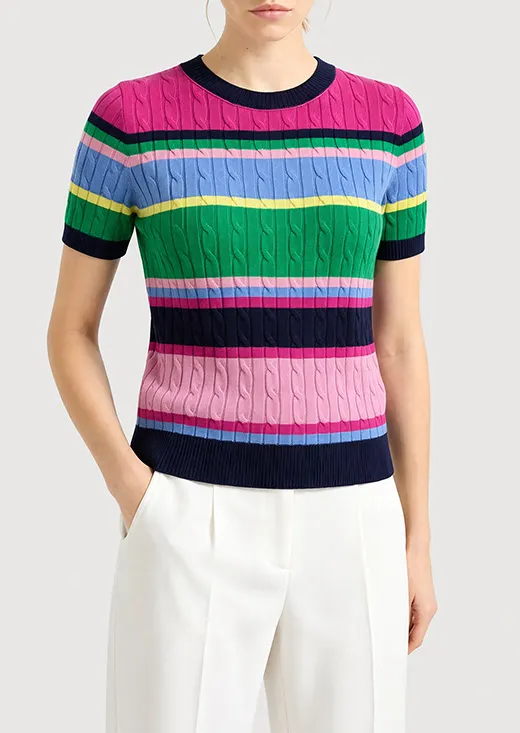 Rainbow Wide Stripe Cable Knit Short Sleeve Top for Women