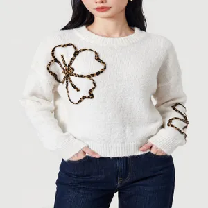 Leopard Print Floral Applique White Sweater Women Crew Neck Fashion Knit Pullover