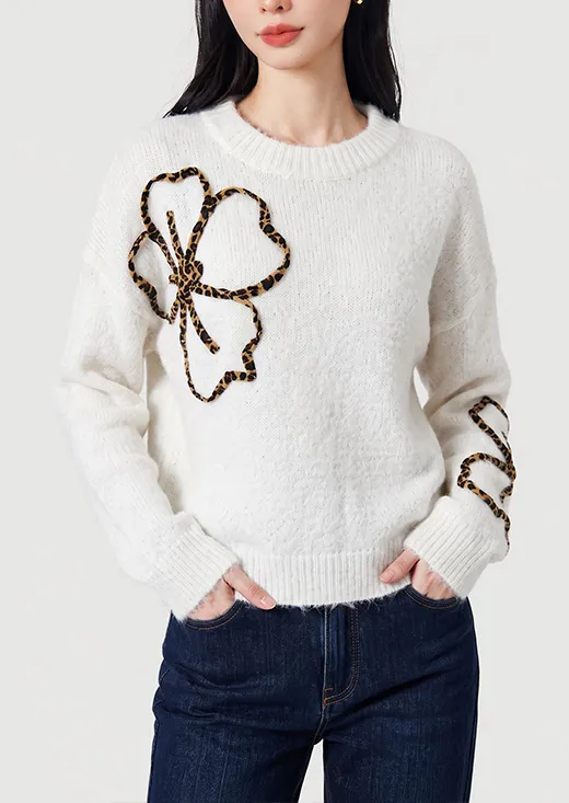 Leopard Print Floral Applique White Sweater Women Crew Neck Fashion Knit Pullover