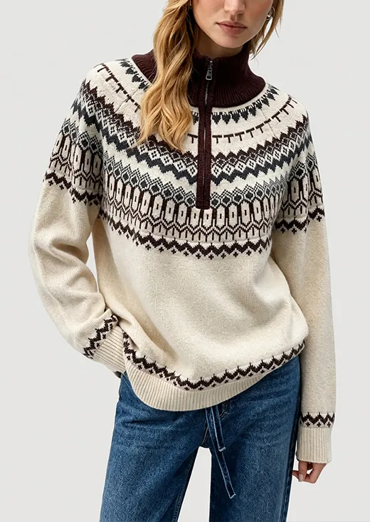 Half Zip Fair Isle Knit Sweater, Vintage Geometric Pattern Pullover