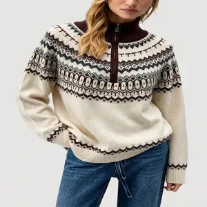 Half Zip Fair Isle Knit Sweater, Vintage Geometric Pattern Pullover