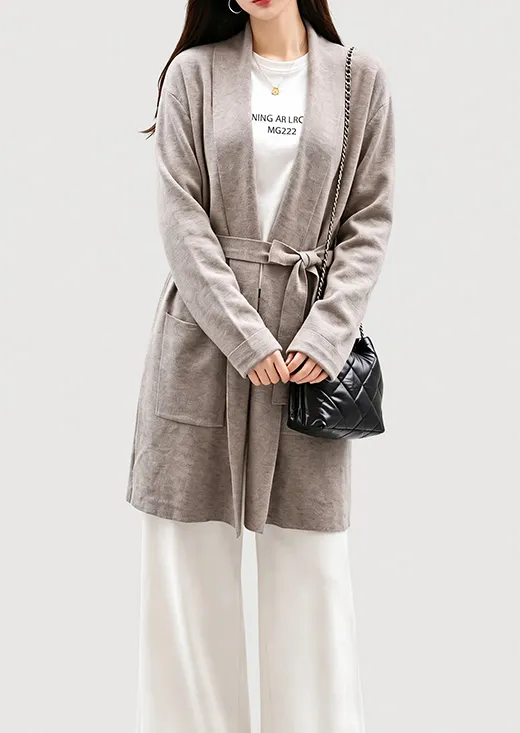 Light Grey Shawl Collar Belted Mid-Length Knit Cardigan