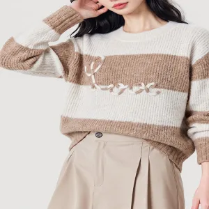 Color Block Stripe Hand Embroidery Letter Sweater Women Crew Neck Knit Pullover
