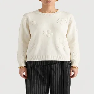 Cream 3D Raised Flower Crew Neck Knit Sweater Minimalist Long Sleeve Pullover