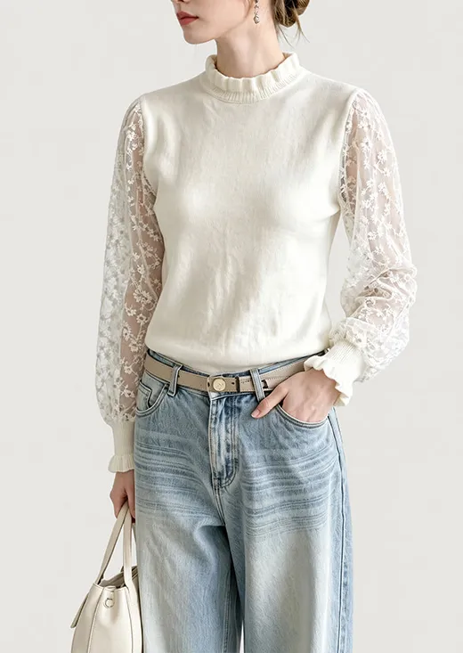Ruffle Lace Spliced Knit Blouse, Mock Neck Long Sleeve Top
