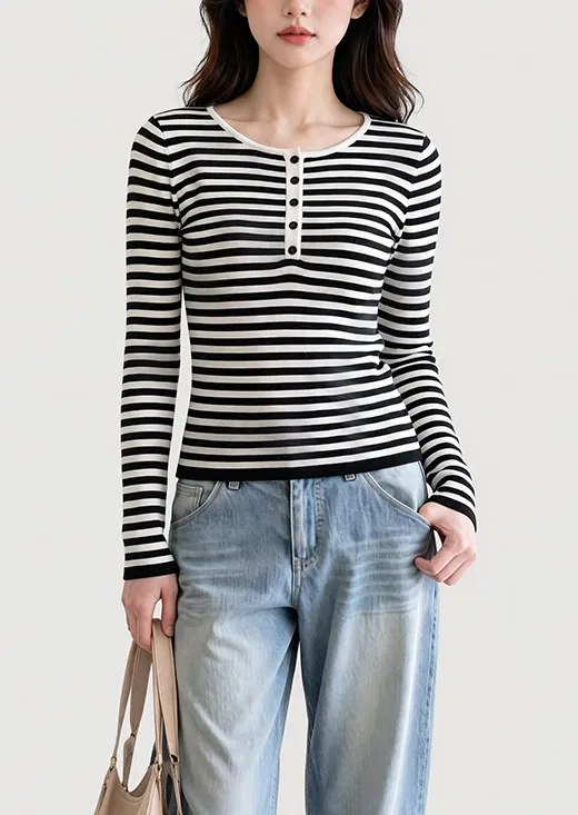 Black White Fine Stripe Henley Collar Long Sleeve Knit Top
