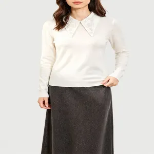 Embroidery Point Collar Long Sleeve Knit Top