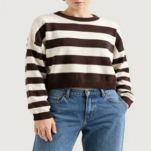 Brown Cream Wide Stripe Cropped Waist Cinching Knit Sweater