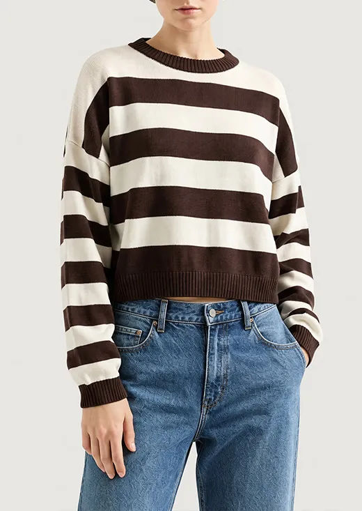Brown Cream Wide Stripe Cropped Waist Cinching Knit Sweater
