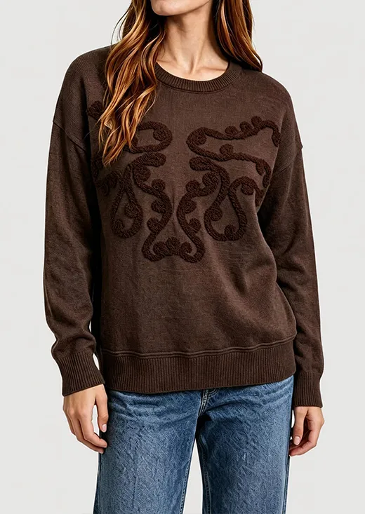 Textured Scroll Embossed Knit Sweater