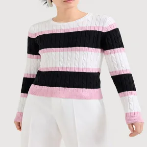 Pink White Black Stripe Cable Knit Crew Neck Sweater for Women