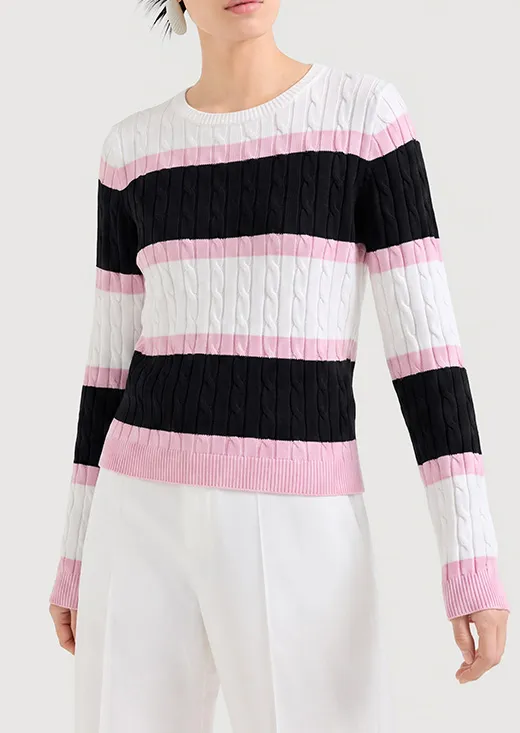 Pink White Black Stripe Cable Knit Crew Neck Sweater for Women