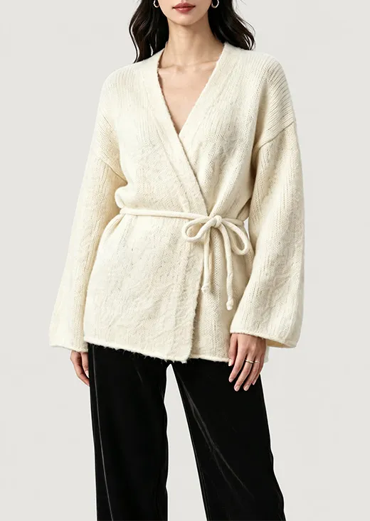 Off White V Neck Belted Thick Knit Wrap Cardigan
