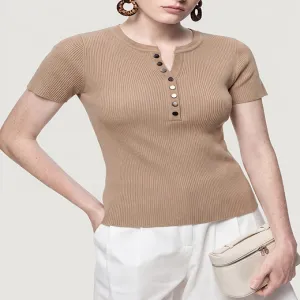 Henley Neck Button Short Sleeve Knit Top