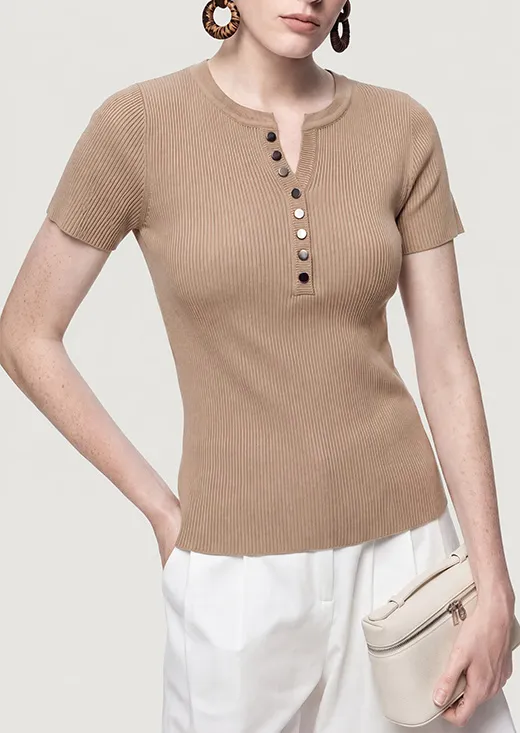 Henley Neck Button Short Sleeve Knit Top