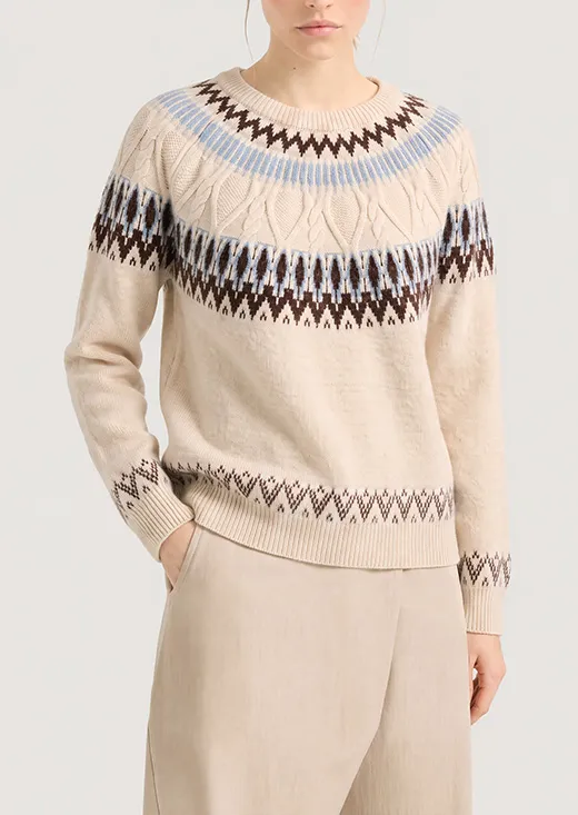 Vintage Fair Isle Cable Knit Crew Neck Sweater Women Casual Retro Knit Jumper