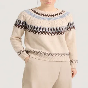 Vintage Fair Isle Cable Knit Crew Neck Sweater Women Casual Retro Knit Jumper