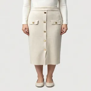 Front Gold Button Pocket Knit Midi Skirt