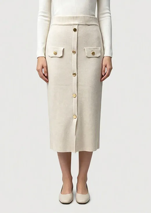 Front Gold Button Pocket Knit Midi Skirt