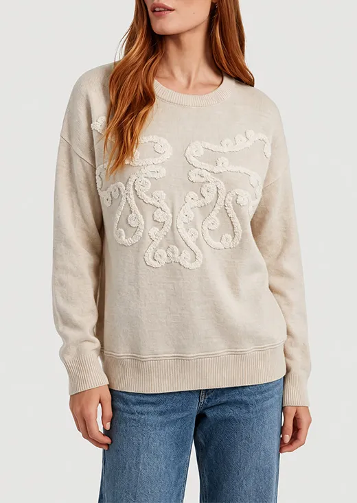 Cream Scroll Appliqu&eacute; Knit Sweater