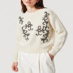 Retro Vine Rhinestone Beaded Crew Neck Fluffy Knit Sweater Elegant Women Pullover