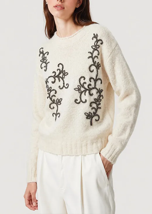 Retro Vine Rhinestone Beaded Crew Neck Fluffy Knit Sweater Elegant Women Pullover