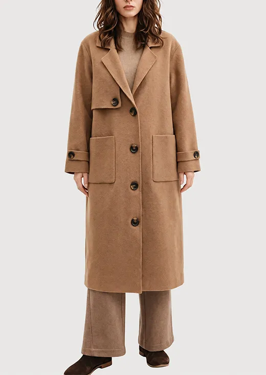 Camel Cargo Pocket Single Breasted Long Wool Coat