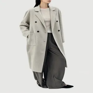 Light Grey Oversized Double Breasted Long Wool Coat