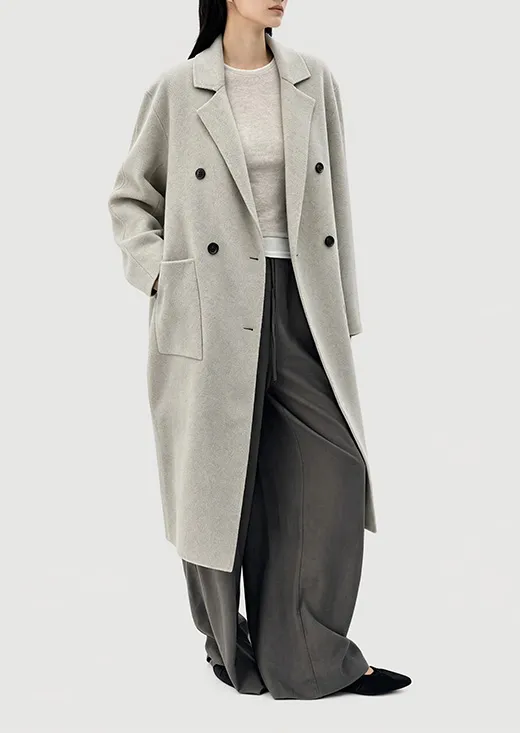 Light Grey Oversized Double Breasted Long Wool Coat