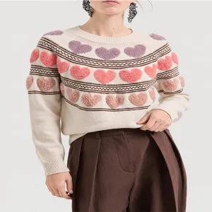 3D Flocked Heart Knit Sweater, Cute Fair Isle Style Jacquard Pullover