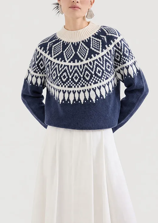 Cropped Navy Fair Isle Knit Sweater, Nordic Geometric Jacquard Pullover