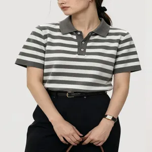 Grey White Stripe Casual Polo Collar Knit Short Sleeve Shirt