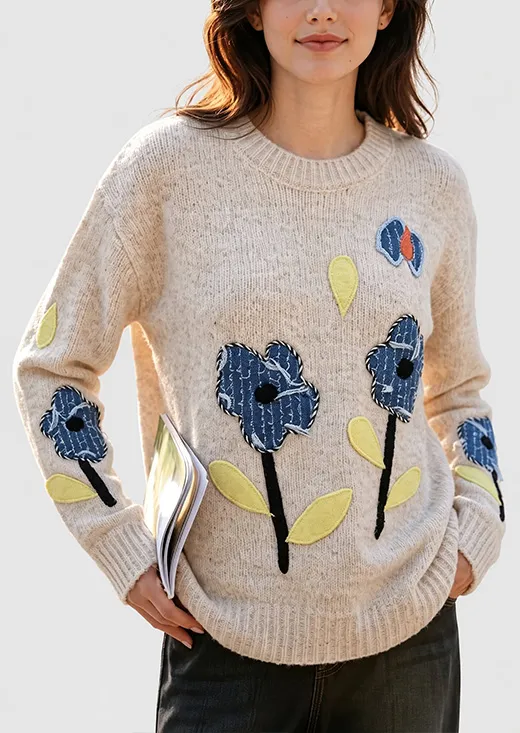 Vintage Floral Patchwork Embroidery Sweater Women Crew Neck Loose Knit Jumper
