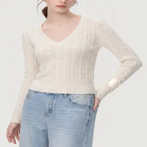 V-Neck Cropped Cable Knit Top