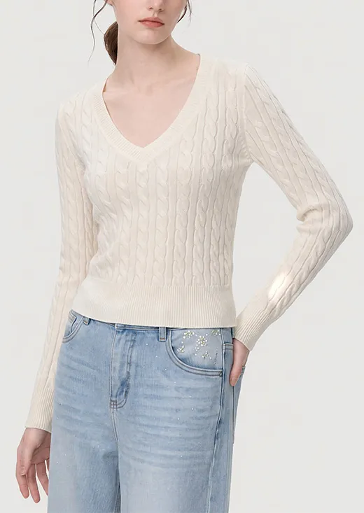 V-Neck Cropped Cable Knit Top