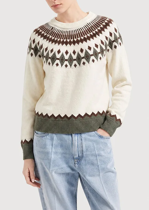Off White Olive Fair Isle Knit Sweater, Vintage Nordic Diamond Jacquard Pullover