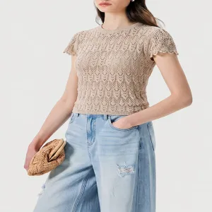 Crochet Hollow Lace Short Sleeve Knit Top