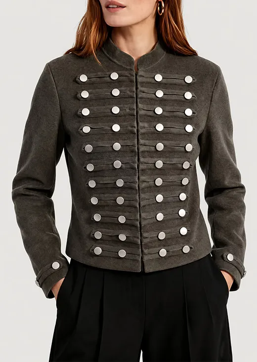 Dark Grey Military Style Silver Button Cropped Wool Jacket