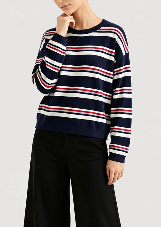 Navy Color Block Fine Stripe Oversized Drop Shoulder Knit Sweater