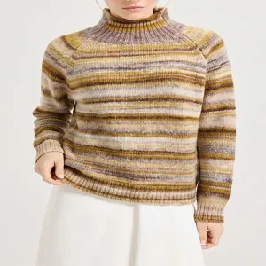 Gradient Brown Yellow Stripe Turtleneck Knit Sweater for Women