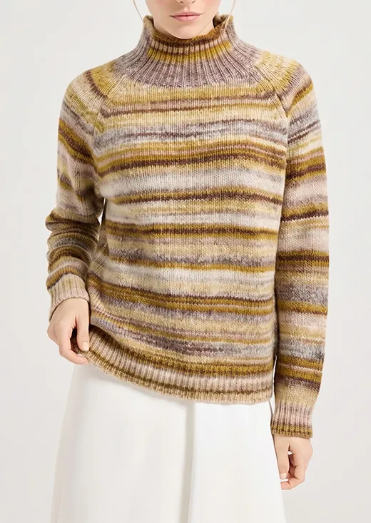 Gradient Brown Yellow Stripe Turtleneck Knit Sweater for Women