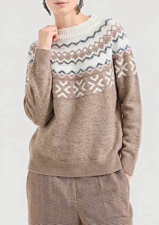 Oat Snowflake Fair Isle Knit Sweater, Nordic Geometric Jacquard Pullover