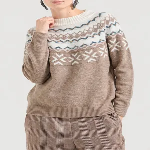 Oat Snowflake Fair Isle Knit Sweater, Nordic Geometric Jacquard Pullover