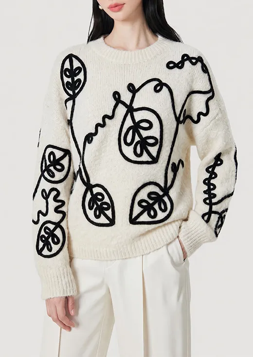 Black Line Abstract Leaf Embroidery Crew Neck Knit Sweater Oversized Art Style Pullover