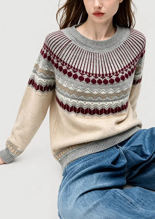 Grey Burgundy Fan Fair Isle Knit Sweater, Gradient Nordic Jacquard Pullover