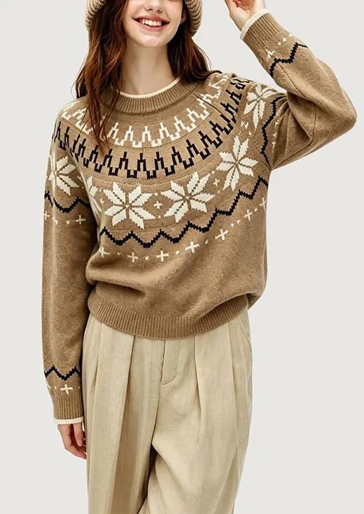 Nordic Snowflake Fair Isle Cropped Sweater Women Long Sleeve Retro Knit Top