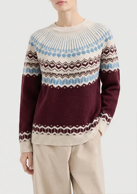 Crew Neck Color Block Fair Isle Sweater, Vintage Nordic Jacquard Knit Pullover