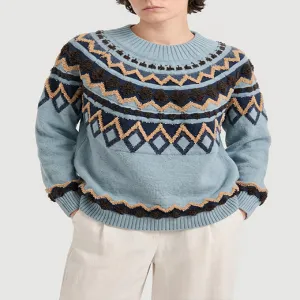 Light Blue 3D Bobble Fair Isle Knit Sweater, Textured Nordic Jacquard Pullover