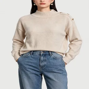 Shoulder Button Mock Neck Knit Sweater Women Solid Color Minimalist Knit Pullover