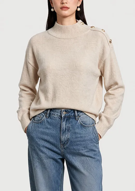 Shoulder Button Mock Neck Knit Sweater Women Solid Color Minimalist Knit Pullover